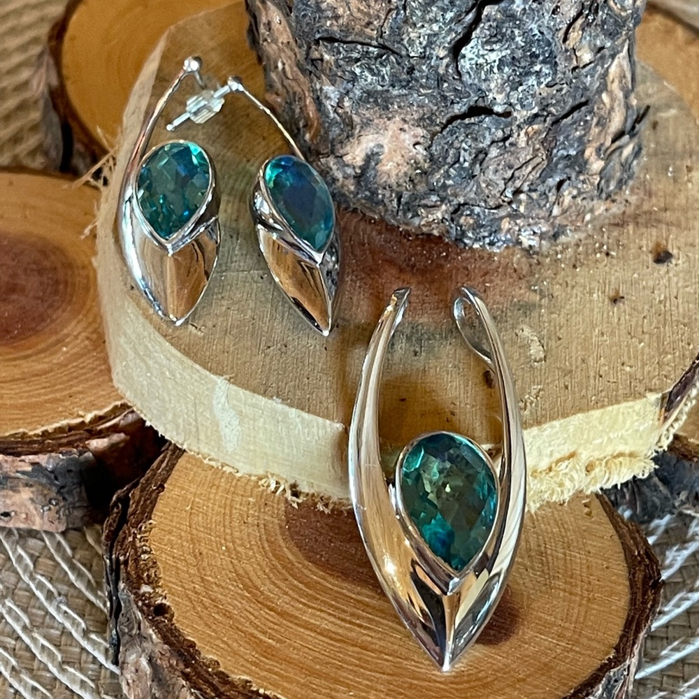 Stunning! Caribbean Blue Green Quartz Pendant & Earrings Set Sterling Silver - Picture 11 of 14